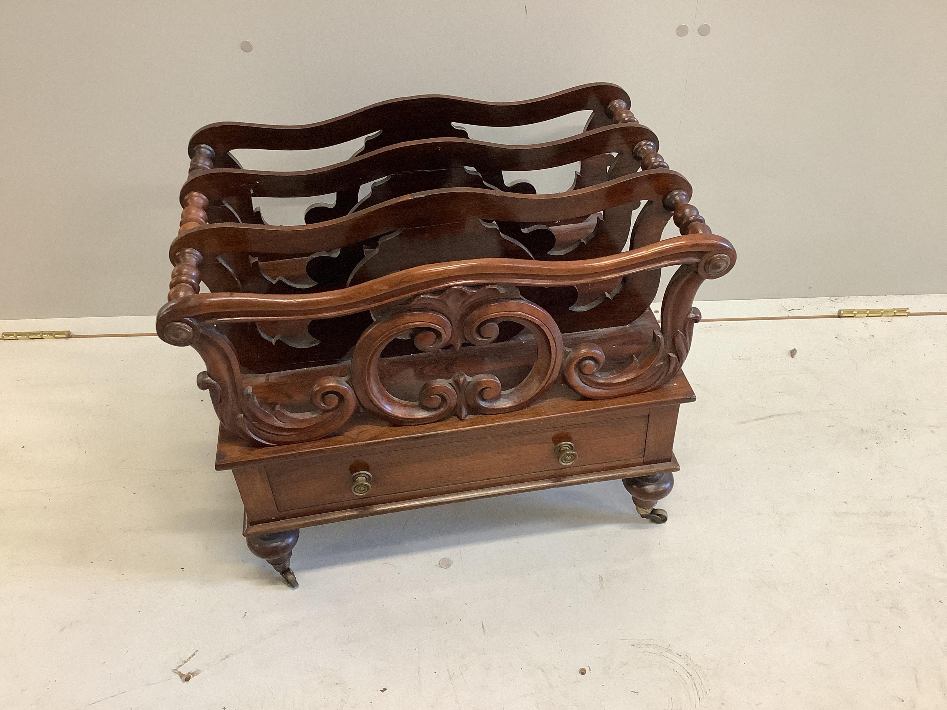 A Victorian rosewood three division Canterbury, width 55cm, depth 35cm, height 43cm